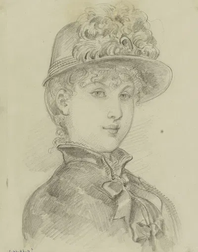 Portrait de femme de trois-quarts avec petit chapeau de plumes et veste à col haut et noeuds sur le devant by Анаис…