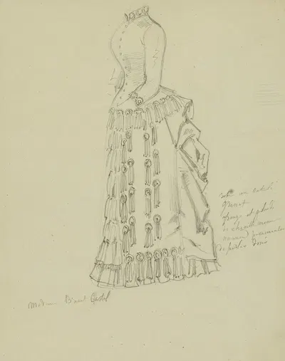Robe à tournure à col haut avec rangs de volants et pompons sur la jupe Esquisse de robe à tournure avec pompons by Анаис…