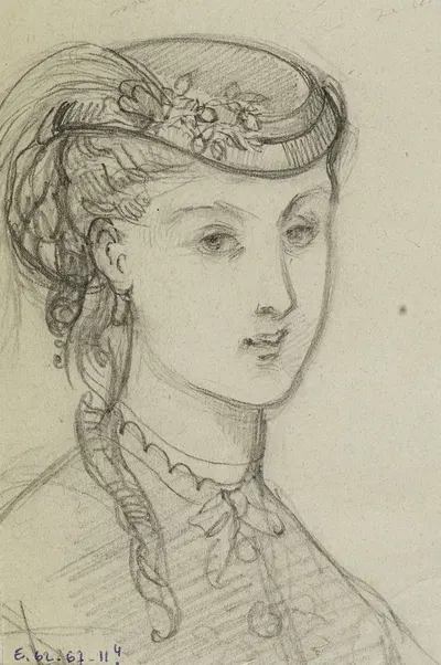 Tête de femme coiffée d'un petit chapeau agrémenté d'une plume by Анаис Колен-Тудуз, 1867 — digital art print download