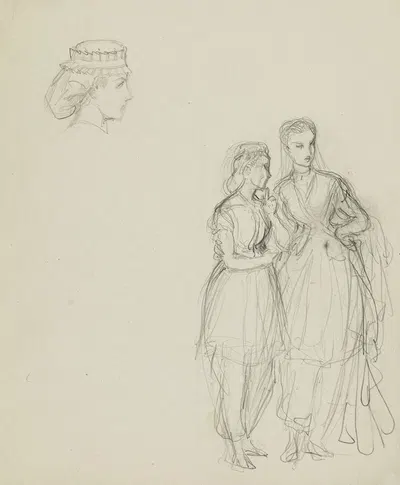 Tête de femme et 2 femmes en pied by Анаис Колен-Тудуз, 1862-1872 — digital art print download
