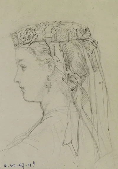 Tête féminine de profil avec toque à fleurs et rubans noués derrière by Анаис Колен-Тудуз, 1867 — digital art print download