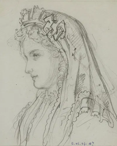 Tête féminine de profil avec voile à volants de dentelle by Анаис Колен-Тудуз, 1864 — digital art print download