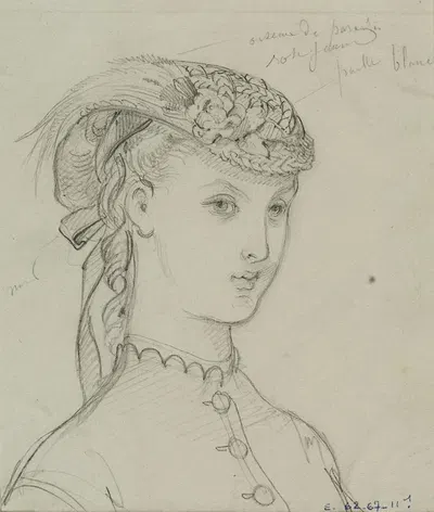 Tête féminine de trois-quart avec coiffe à plumes et fleurs et ruban noué derrière by Анаис Колен-Тудуз, 1866-1867 —…