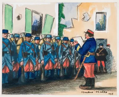 Régiment de Poilu dans un bâtiment en ruines, face à leur supérieur by Андре Эле, 1915 — digital art print download