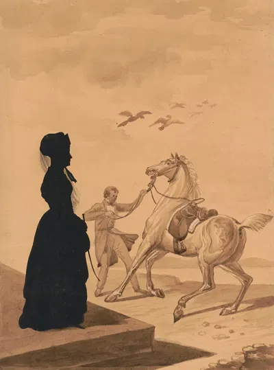 The lady and the festive horse by Auguste Edouart, 1841 — digital art print download