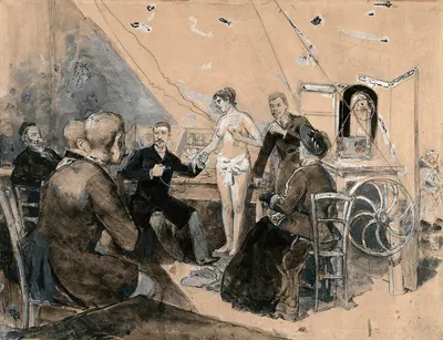 A doctor demonstrating electrotherapy on a young semi-nude by Даниэль Урабьета Вьерге — digital art print download