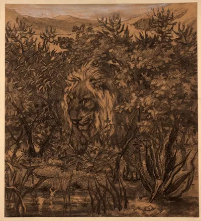 Lion emerging from the foliage by Феликс Браккемонд — digital art print download