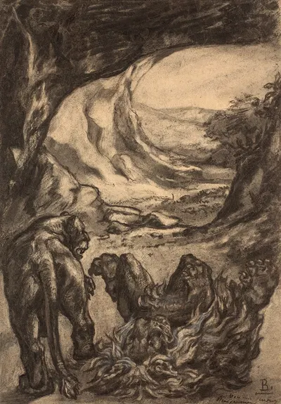 Two lions in a cave by Феликс Браккемонд — digital art print download