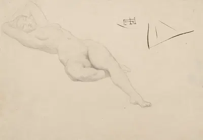 Etude de femme nue couchée, les mains derrière la tête by François Emile Ehrmann — digital art print download