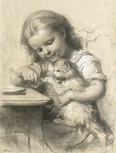 Mädchen beim Füttern einer Katze by Fritz Zuber-Bühler — digital art print download