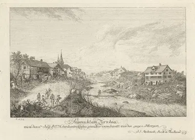 Küsnacht am Zürichsee wie es den 8ten Julÿ Anno 1778 durch entsetzliches gewässer verschwemmt worden gegen Morgen by Иоганн…