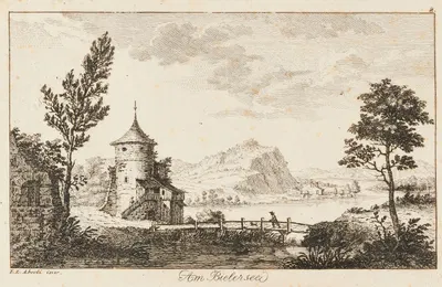 Am Bielersee [Landschaft mit Turm] by Иоганн Людвиг Аберли — digital art print download