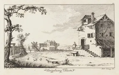 Umgebung Bern [Landschaft mit Bauernhaus] by Иоганн Людвиг Аберли, 1758 — digital art print download
