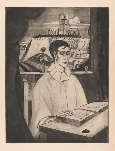Pierrot die een boek leest by Lodewijk Schelfhout, 1921 — digital art print download