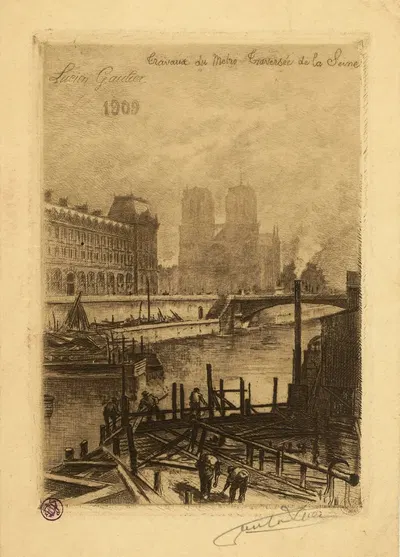 Travaux dans le métro. Traversée de la Seine by Lucien Marcelin Gautier, 1909 — digital art print download