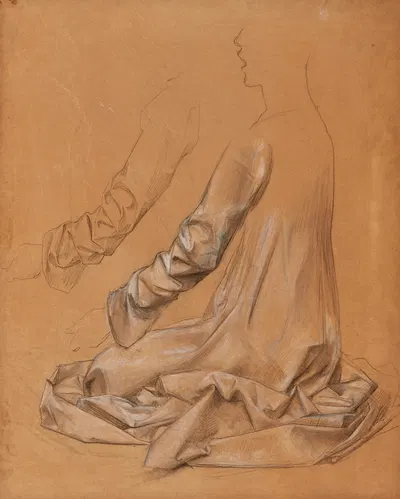 Etude de drapé sur un personnage de trois-quarts de dos, en tailleur, et étude d'une manche by Люк-Оливье Мерсон — digital…