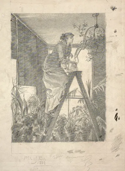 Woman watering flowers hanging from a lamp chandelier by Мари Браккемонд, 1882 — digital art print download