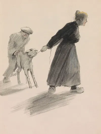 Boerin die een kalf achter zich aan trekt aan een touw by Otto Verhagen, 1917-1919 — digital art print download