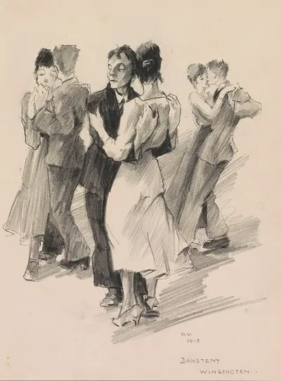 Drie dansende paren in een danstent te Winschoten by Otto Verhagen, 1918 — digital art print download