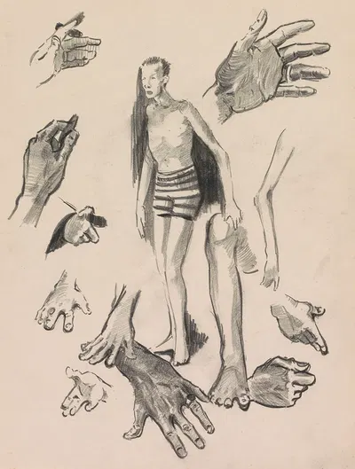 Handen en een staande man in een zwembroek by Otto Verhagen, 1917-1919 — digital art print download