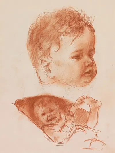 Lachend kind in een wieg en een kop van een kind by Otto Verhagen, 1917-1919 — digital art print download