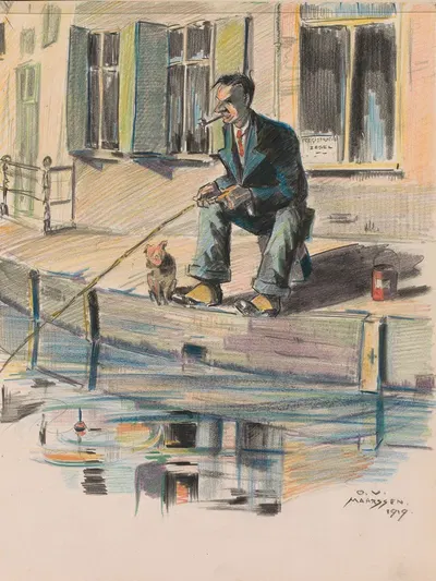 Man fishing at a canal in Maarssen by Otto Verhagen, 1919 — digital art print download