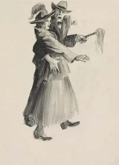 Man met staf en een vrouw die een schrikbeweging maakt by Otto Verhagen, 1917-1919 — digital art print download