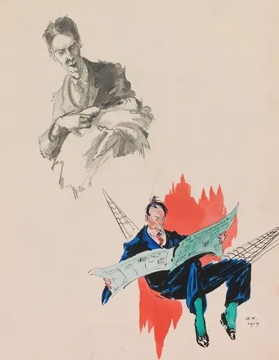 Man with a baby on his arm and a man reading the newspaper in a hammock by Otto Verhagen, 1919 — digital art print download