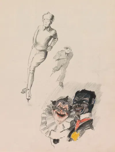 Schaatsende man en jongen en twee figuren uit een Commedia Dell'Arte by Otto Verhagen, 1917-1919 — digital art print download