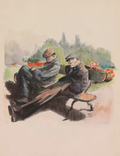 Two men sitting on a bench in a park by Otto Verhagen, 1919 — digital art print download