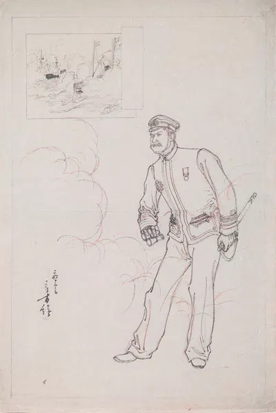 Preparatory Drawing for a Woodblock Print Depicting a Japanese Naval Officer during the Sino-Japanese War by Toshikata…
