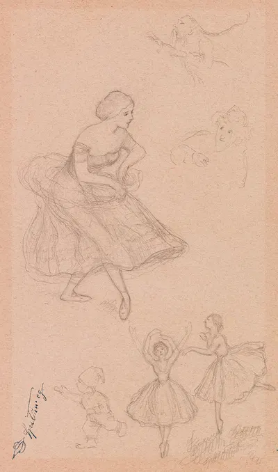 Studienblatt mit Ballett-Tänzerinnen und Zwergen by Carl Spitzweg, 1855-1860 — digital art print download