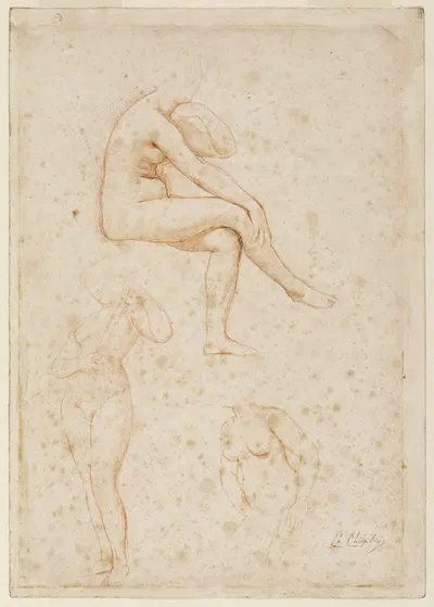 Une femme assise de profil à droite et deux femmes debout by Шарль Чаплин — digital art print download