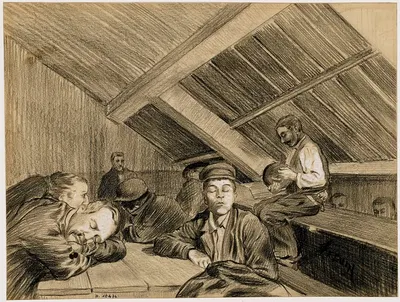 Chez Fradin, hôtel fin de siècle, rue Saint Denis. Hommes attendant sous un comble by Ф. Сеган, 1898 — digital art print…
