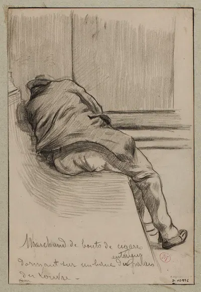 Marchand de bouts de cigares dormant sur un banc extérieur du Palais du Louvre by Ф. Сеган, 1895 — digital art print download
