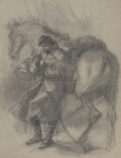 Civil War soldier leaning against horse by Феликс Октавиус Карр Дарли, 1866 — digital art print download