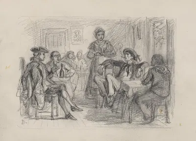 Four men sitting at two tables, woman standing near center by Феликс Октавиус Карр Дарли — digital art print download