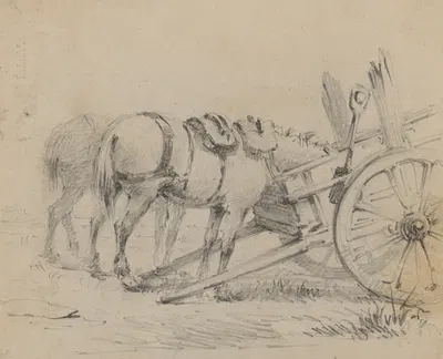 Horses eating from two-wheeled cart by Феликс Октавиус Карр Дарли — digital art print download