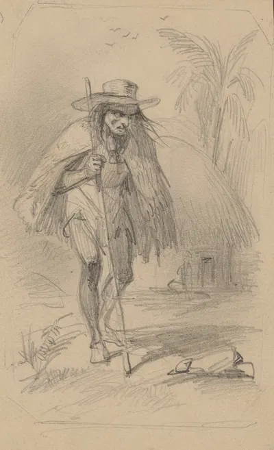 Peasant carrying staff, wearing large hat and short cape, thatch hut in background by Феликс Октавиус Карр Дарли — digital…