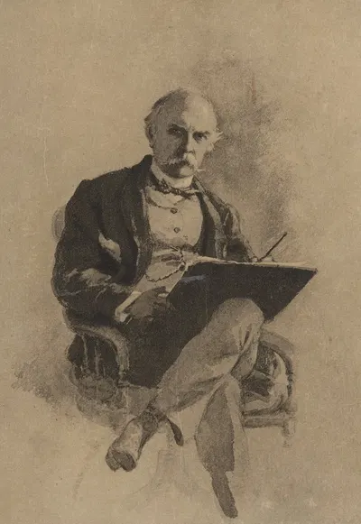 Seated man with white mustache, writing or painting item on his lap by Феликс Октавиус Карр Дарли — digital art print…