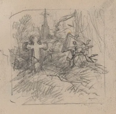Two graves and church between trees in background by Феликс Октавиус Карр Дарли — digital art print download