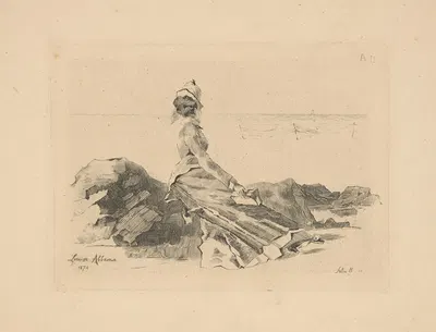Femme assis sur un rocher (Woman sitting on a rock) by Луиза Аббема, 1874 — digital art print download