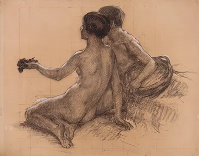 Etude pour le tableau L'Automne Deux personnages nus assis by Maurice Berthon, 1914 — digital art print download