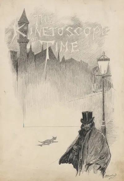 Man in top hat under lamppost with townscape in background by Оливер Херфорд — digital art print download