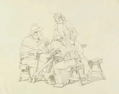 Trois hommes assis à une table by Рене Маржолин — digital art print download