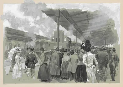 Ankunft- und Abschiedszenen am Perron der Stadtbahn Hütteldorf by Wilhelm Gause, 1900 — digital art print download