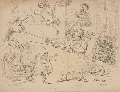 A peep in a camp kitchen by an over drove ox, with the French cook's retreat into the cistern. by Уильям Остин, 1780 —…