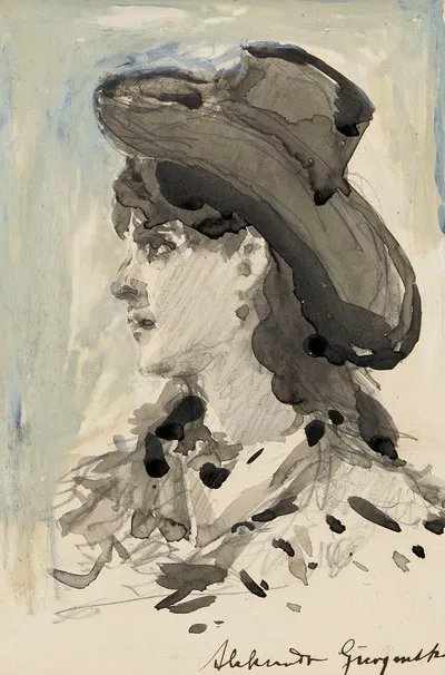 Bust of a girl in a hat, sketch by Александр Гиерминьский, 1886 - 1888 — digital art print download