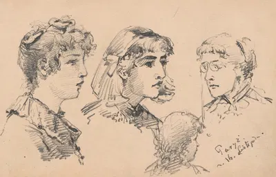 Studia portretowe czterech kobiet; szkic głowy kobiecej od tyłu by Анна Билинская-Богданович, 1882 — digital art print…