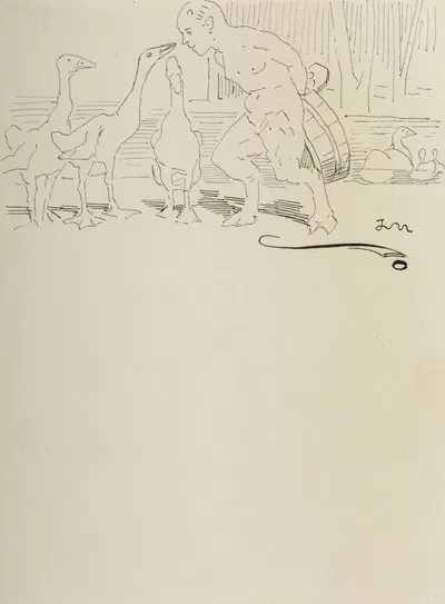 Faun z cebrzykiem rozmawiający z gęsiami by Яцек Мальчевский, 1900 — digital art print download